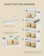 Tool-free assembly diagram showing castors fitted, a box unfolded and 4 boxes stacked