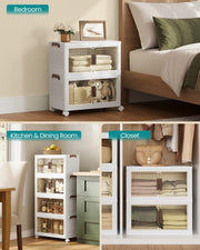Lifestyle collage of the white 4-tier tower in a bedroom, kitchen and closet
