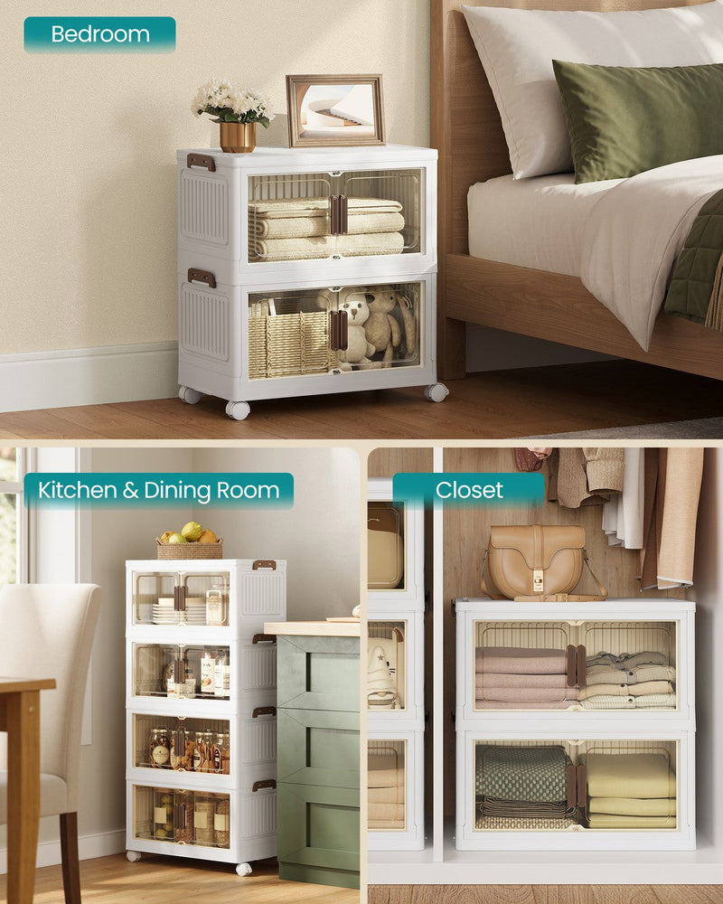Lifestyle collage of the white 4-tier tower in a bedroom, kitchen and closet