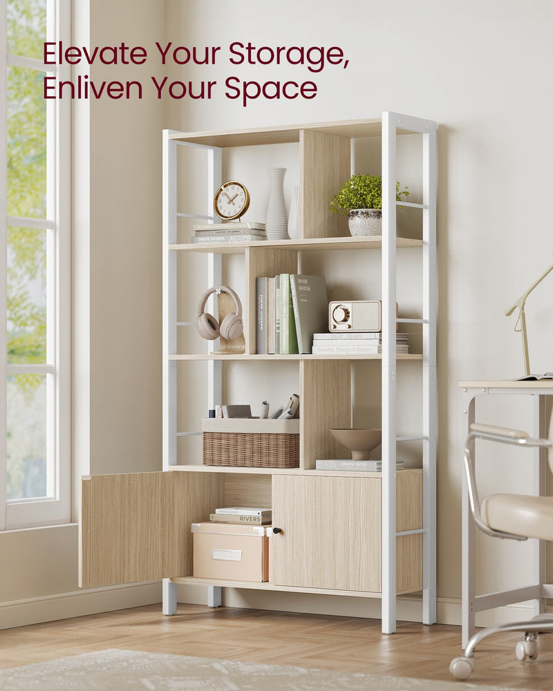 Bookshelf shown in a home office with the cabinet door open