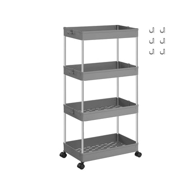 Songmics 4-tier storage trolley in dove grey, empty studio shot with 6 removable hooks and castor wheels