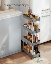 Songmics storage trolley fitted into a narrow kitchen gap beside a fridge, with 23.6 cm depth callout