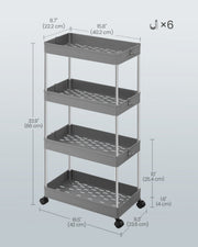 Dimensions diagram of the Songmics 4-tier storage trolley: 40.2 cm wide, 23.6 cm deep at the base, 86 cm tall, with 6 hooks