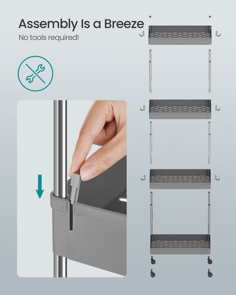 Tool-free assembly steps for the Songmics 4-tier storage trolley, no tools required