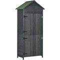 Tall narrow grey wooden garden shed with two stacked doors and a green apex roof