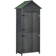 Tall narrow grey wooden garden shed with two stacked doors and a green apex roof