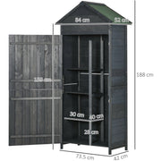 Dimension diagram showing 84 x 52cm roof, 73.5 x 42cm body, 188cm high and a 159cm door