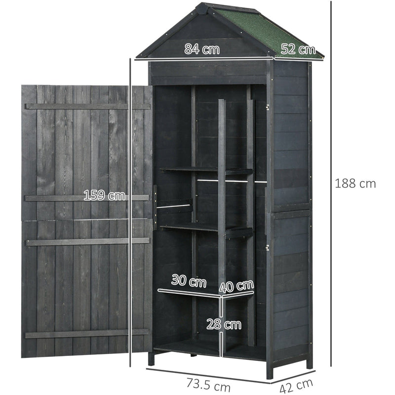 Dimension diagram showing 84 x 52cm roof, 73.5 x 42cm body, 188cm high and a 159cm door
