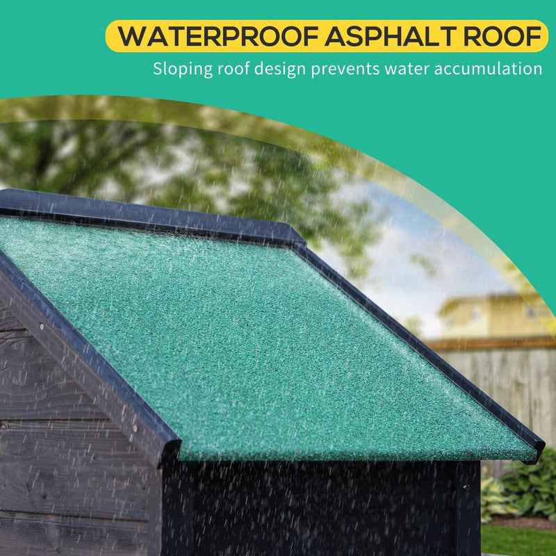 Feature panel describing the waterproof asphalt apex roof that runs rain off both sides