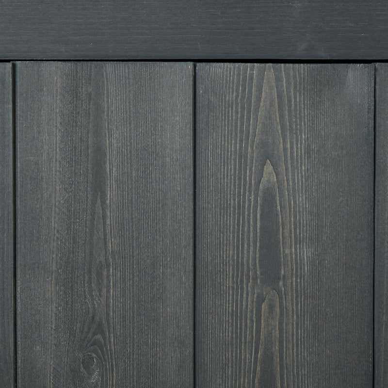 Close-up of the grey-stained fir wood planks and visible grain on the shed panels