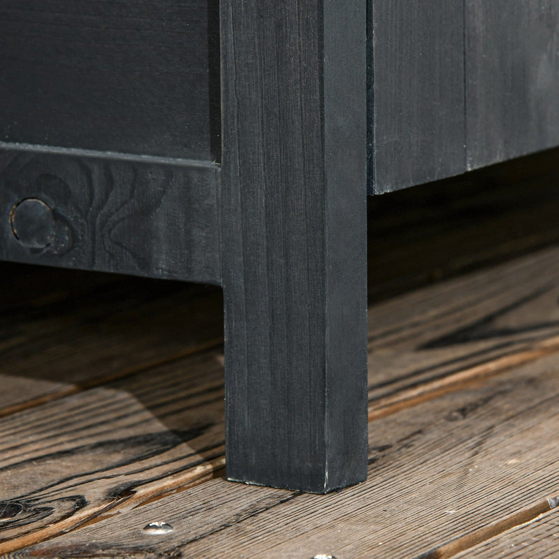 Close-up of one raised wooden leg holding the shed base clear of the decking
