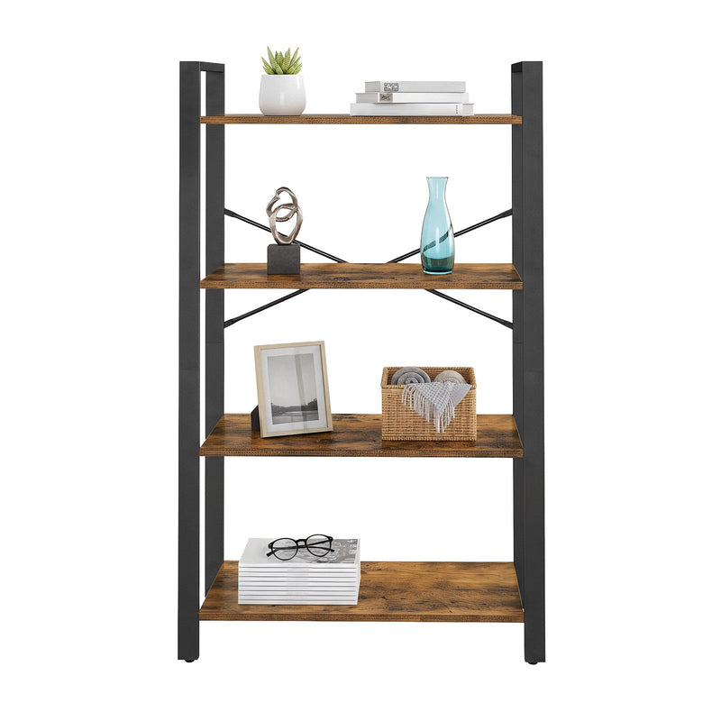 Vasagle bookcase shown holding books and storage boxes