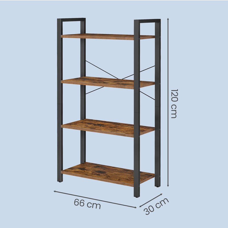 Close-up of the steel frame and wood-tone shelves