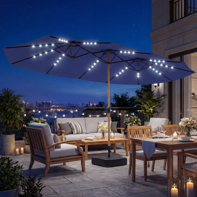 4.6m Double Garden Parasol with Solar LED Lights and Extra-Large Canopy — Grey, Blue or Beige Outsunny