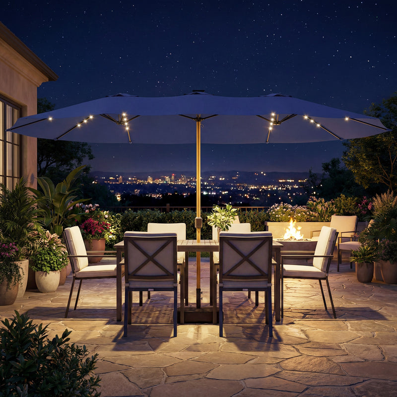 4.6m Double Garden Parasol with Solar LED Lights and Extra-Large Canopy — Grey, Blue or Beige Outsunny