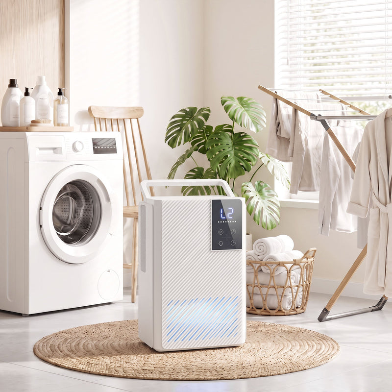 HOMCOM white dehumidifier lifestyle shot in a laundry room beside a washing machine and drying rack