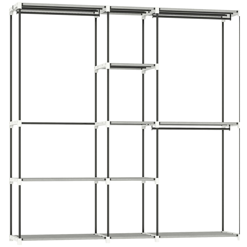 HOMCOM Portable Wardrobe, Open Clothes Wardrobe with 8 Shelves, 3 Hanging Rails, Light Grey
