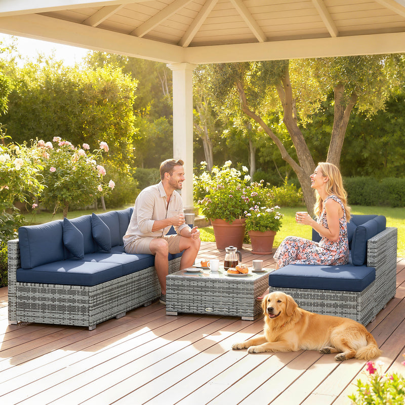 Rattan Garden Corner Sofa Set with Flexible Seating and Table for Outdoor Relaxtion, Grey & Blue