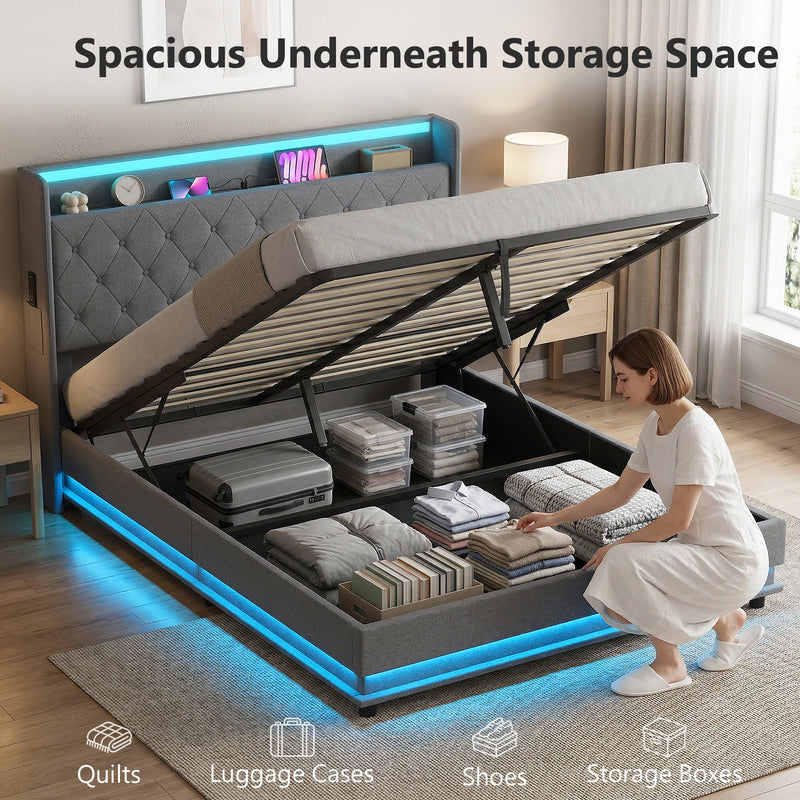 King Size Ottoman Storage Bed Frame with USB Charging and LED Lighting Dark Grey AOSOM