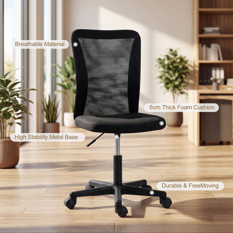 Armless Mesh Office Chair With Adjustable Height And Wheels For Home Office Use Black