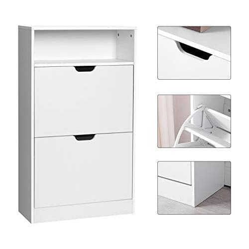 Vasagle White Narrow Shoe Cabinet for Hallway - 2 Pull Down Doors and a Handy Shelf