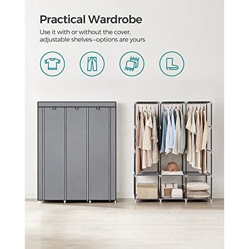 Portable Fabric Wardrobe With Cover, Grey