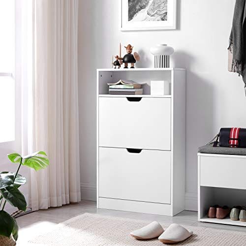 Vasagle White Narrow Shoe Cabinet for Hallway - 2 Pull Down Doors and a Handy Shelf