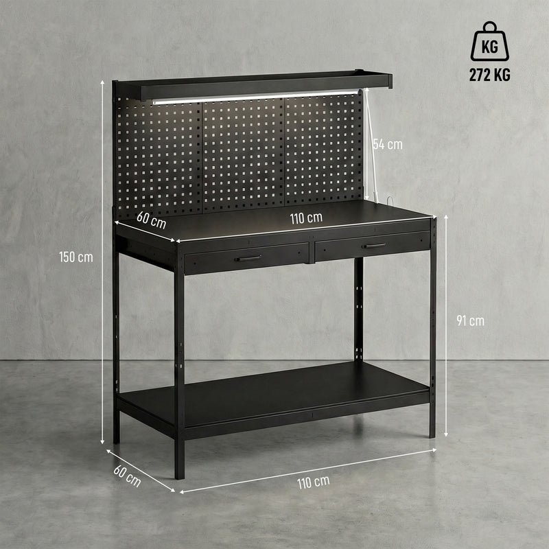 Workbench with Storage, LED Light and Power Outlets for Garage or Workshop Black AOSOM