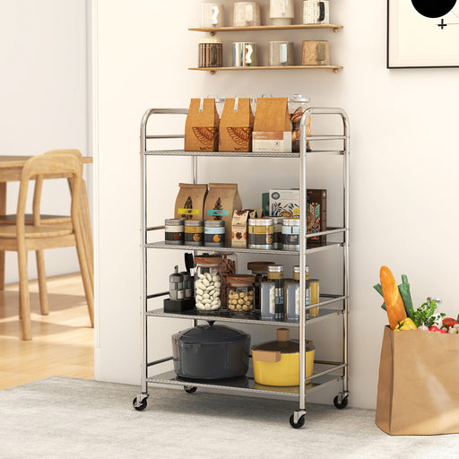 4 Tier Stainless Steel Kitchen Trolley With Adjustable Shelves For Storage, Silver