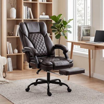 Office Chair with Reclining Back and Pull Out Footrest for All Day Comfort Brown Homcom
