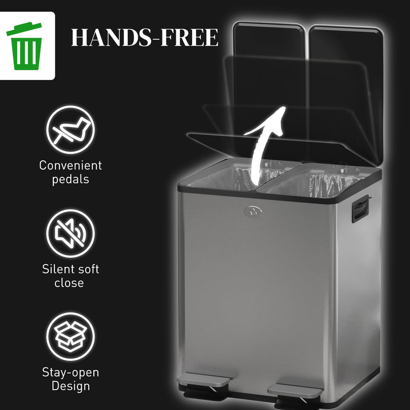 40L Dual Compartment Kitchen Recycling Bin with Deodorisers for Home Use, Silver Tone