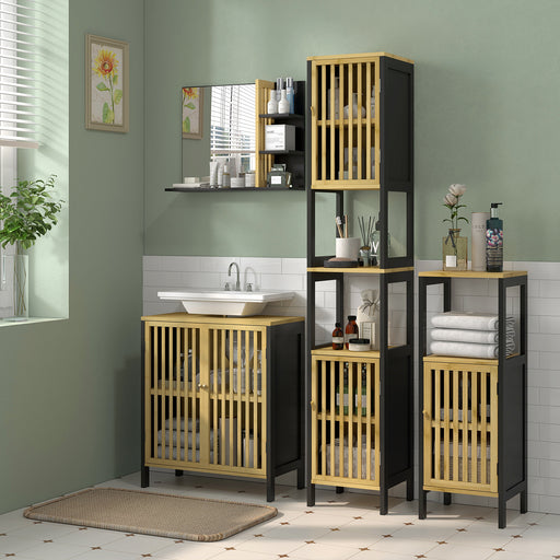 Tall Bathroom Storage Cabinet With Shelves And Cut Out Design For Towels