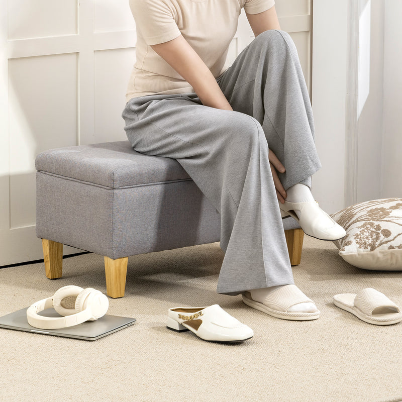 Light Grey 30L Linen Storage Ottoman with Padded Seat and Wooden Legs for Bedroom or Hallway - 71x37x36cm