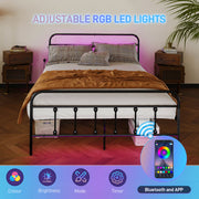 Black Double Metal Bed Frame with LED Lights Charging Station and Under Bed Storage