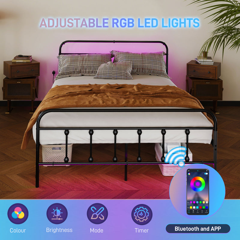 Black Double Metal Bed Frame with LED Lights Charging Station and Under Bed Storage