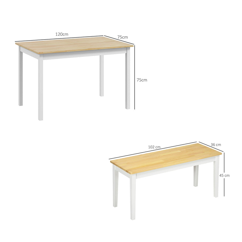 Farmhouse Dining Table and Bench Set with Sturdy Wooden Frame for Kitchen or Lounge Natural and White