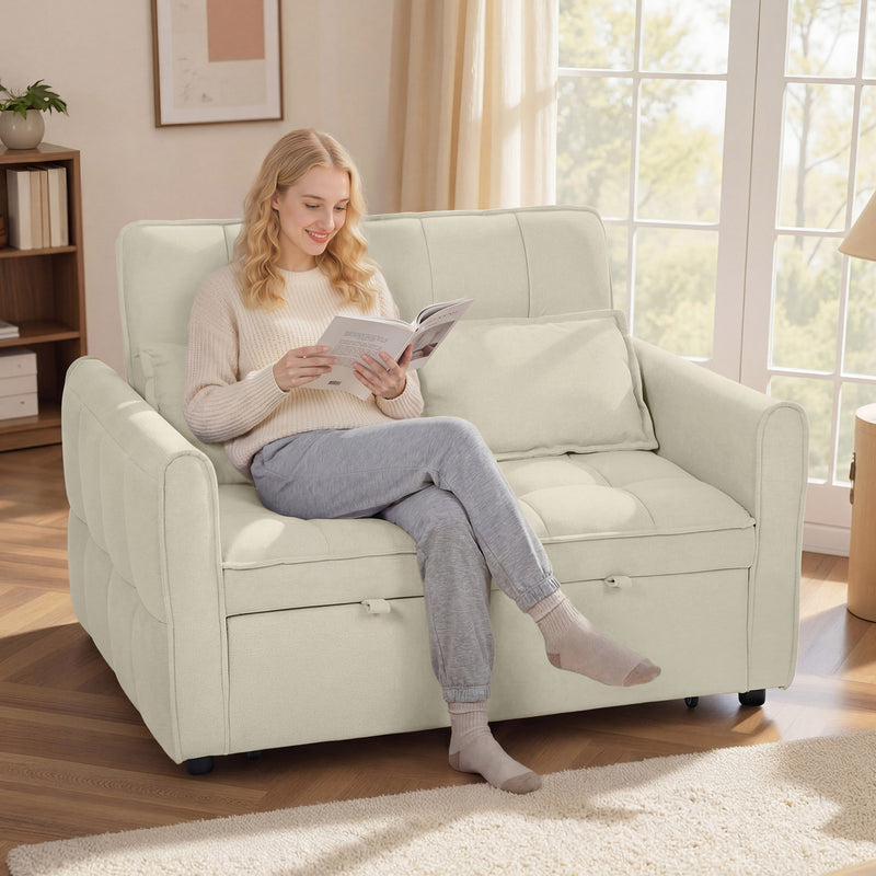 Sofa Bed, 3-in-1 Light Brown 2 Seater Pull Out Sofa Bed With Adjustable Backrest And Pillows For Small Spaces