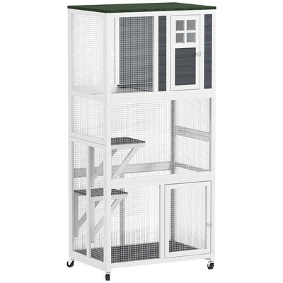Wooden Outdoor Catio Enclosure With Platforms and Roof For Multiple Cats, White PawHut