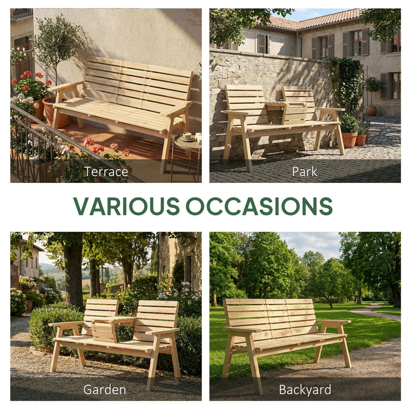 Wooden Garden Bench With Lifting Central Table for Outdoor Relaxing Natural Finish Outsunny