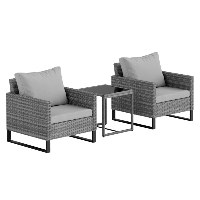 3 Piece Rattan Bistro Set with Cushions Glass Top Table and Chairs for Garden Patio Grey by Outsunny