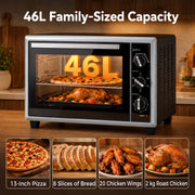 46L capacity graphic showing a 13-inch pizza, bread slices, chicken wings and a 2 kg roast chicken