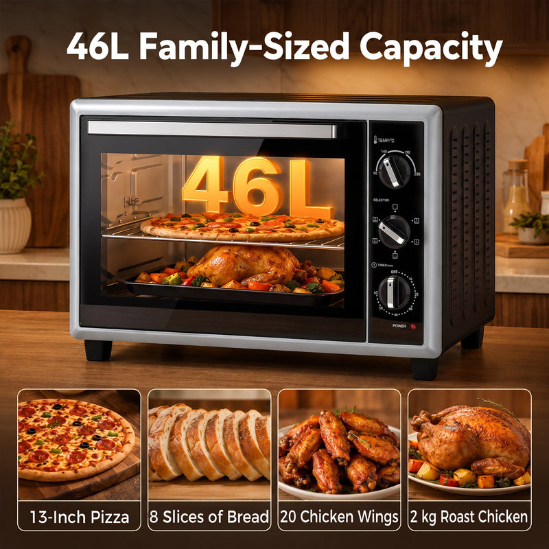 46L capacity graphic showing a 13-inch pizza, bread slices, chicken wings and a 2 kg roast chicken