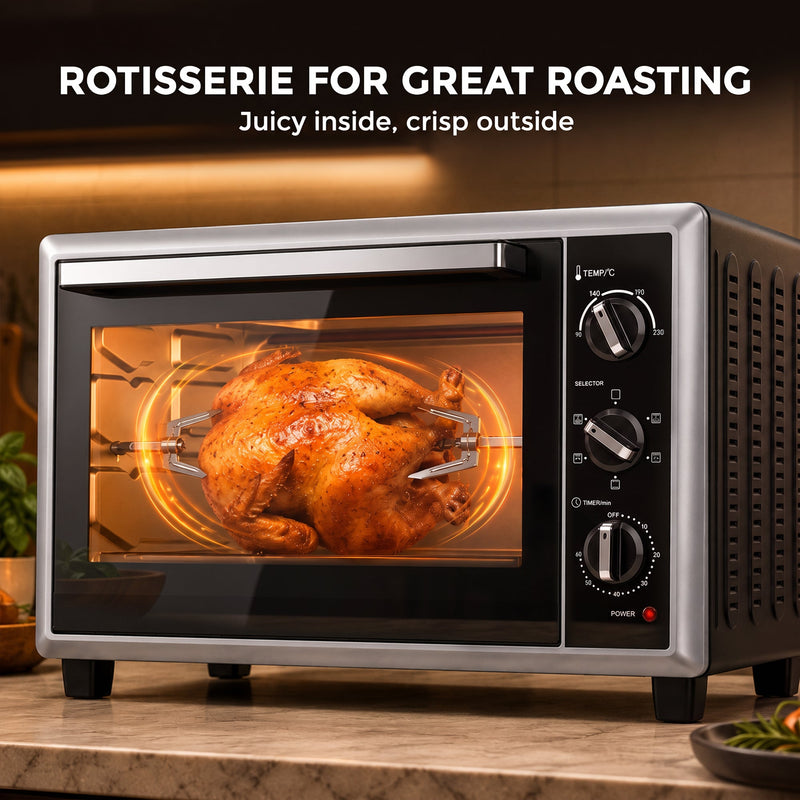 Rotisserie function roasting a whole chicken inside the lit oven
