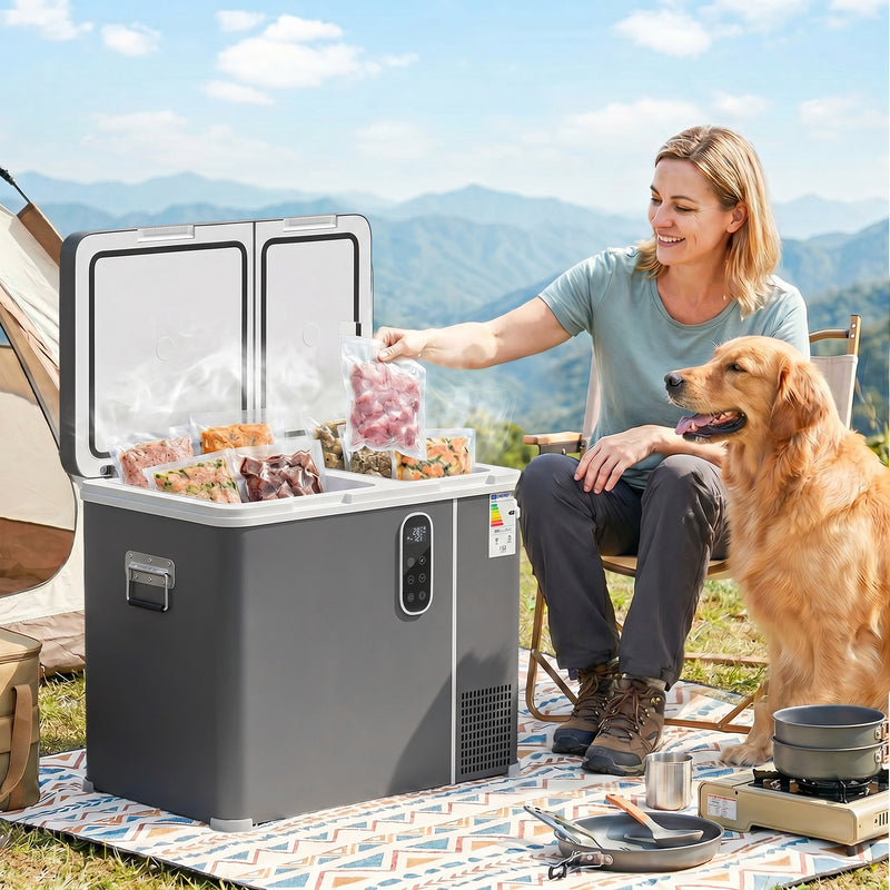 Portable Dual-Zone Fridge Freezer for Camping and Road Trips with Fast Cooling Grey