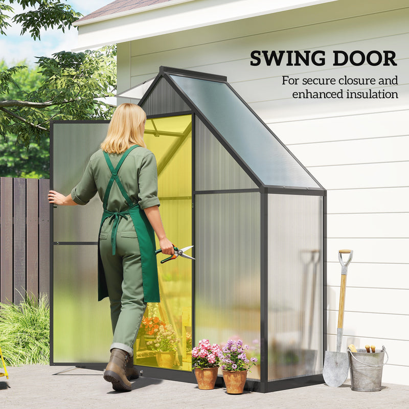 Walk-In Polycarbonate Greenhouse | Swing Door, Roof Vent & Ground Stakes – Black Outsunny