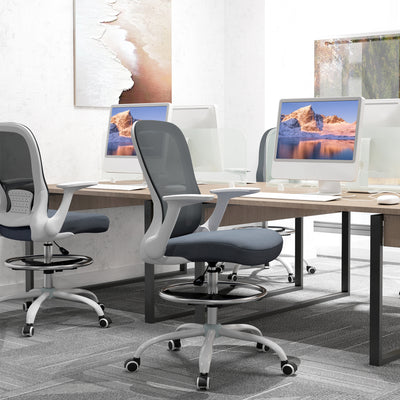 Grey Ergonomic Mesh Drafting Chair with Flip-up Armrests and Adjustable Foot Ring by HOMCOM