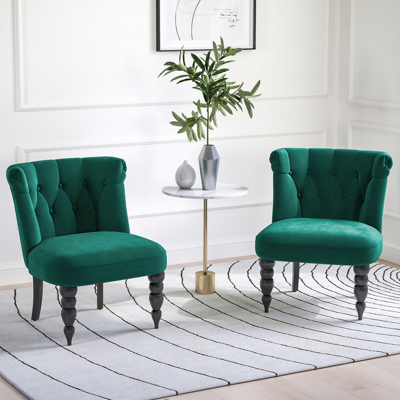 Set of 2 Velvet Wingback Accent Chairs with Button Tufting for Lounge or Bedroom, Dark Green
