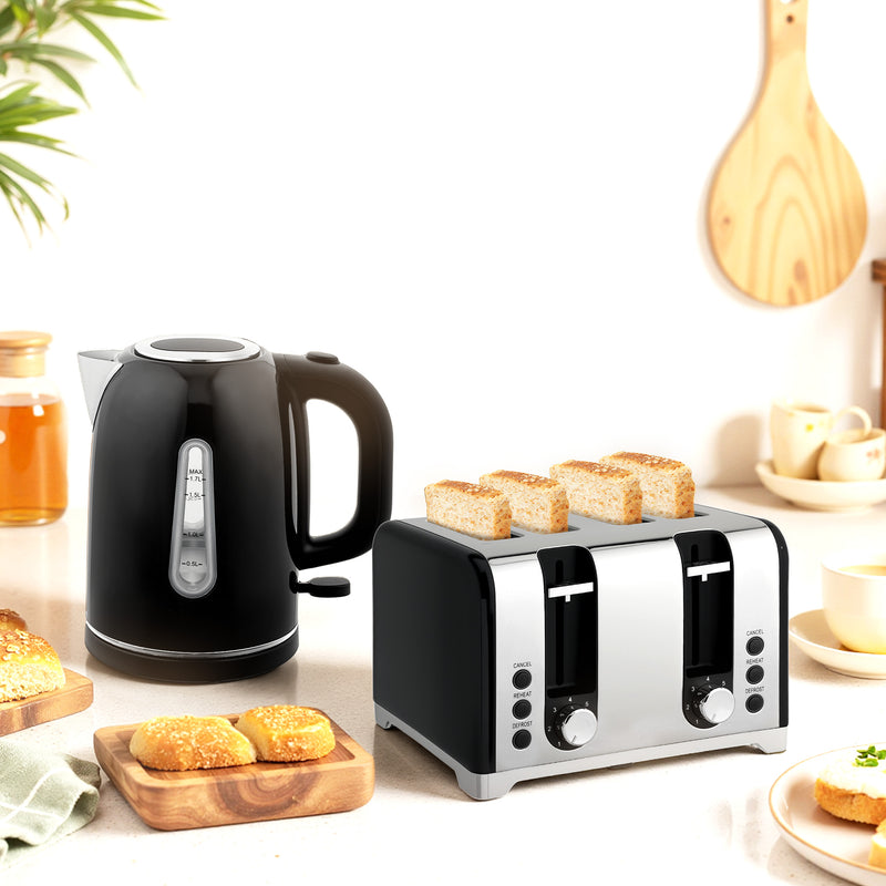 4 Slice Toaster and 17L Rapid Boil Kettle Set With Strix Control and Crumb Tray Black