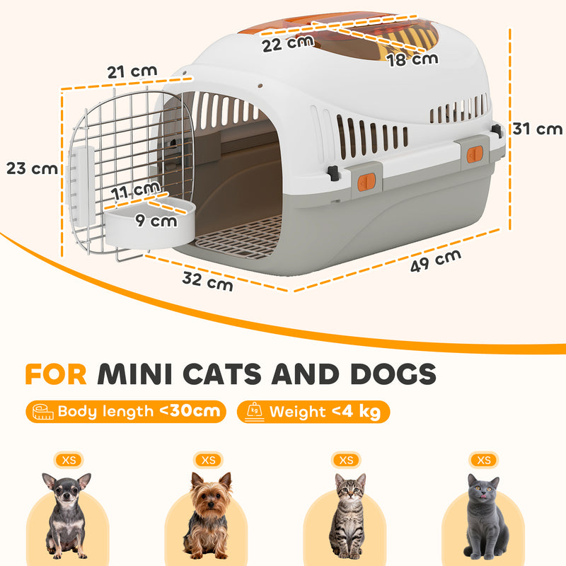 Plastic Pet Carrier with Secure Steel Door and Feeding Bowl for Cats and Small Dogs Grey