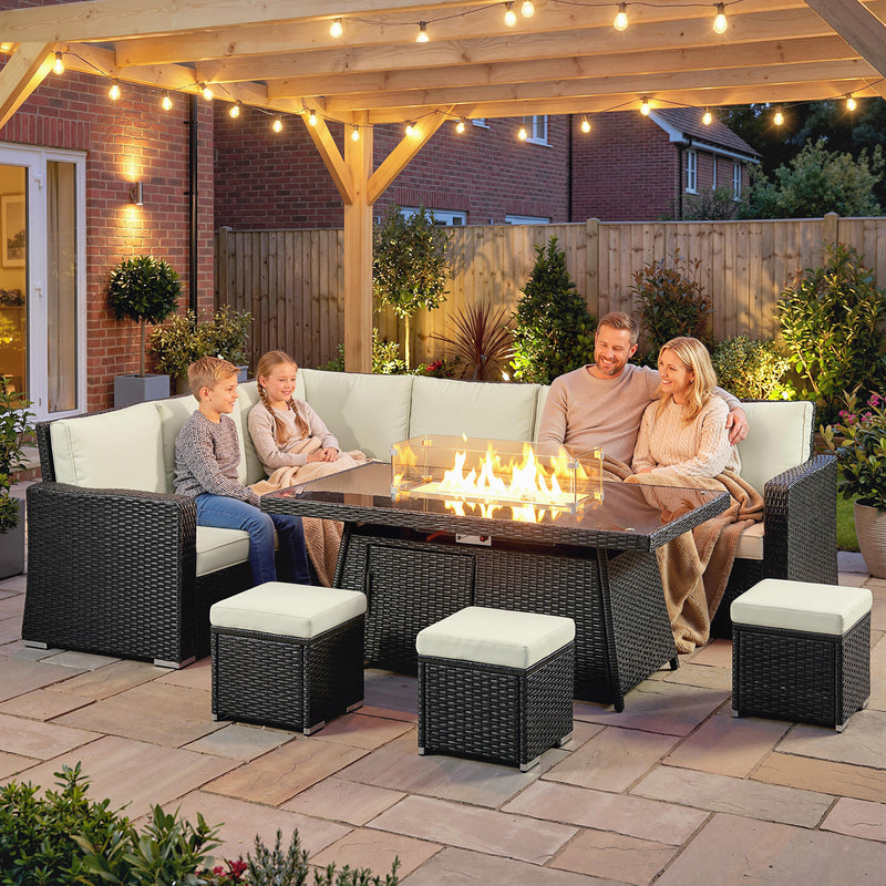 Rattan Garden Furniture Set with Gas Fire Pit Table for Warm Outdoor Dining and Relaxing Cream White